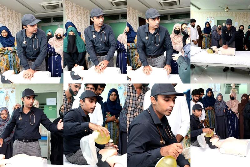 Collage of participants practising chest compressions and bag-mask ventilation on manikins