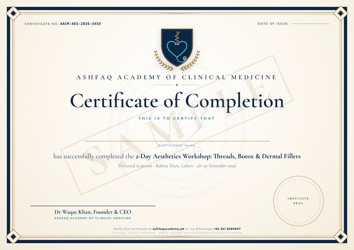 Sample certificate of completion from Ashfaq Academy of Clinical Medicine, marked SAMPLE