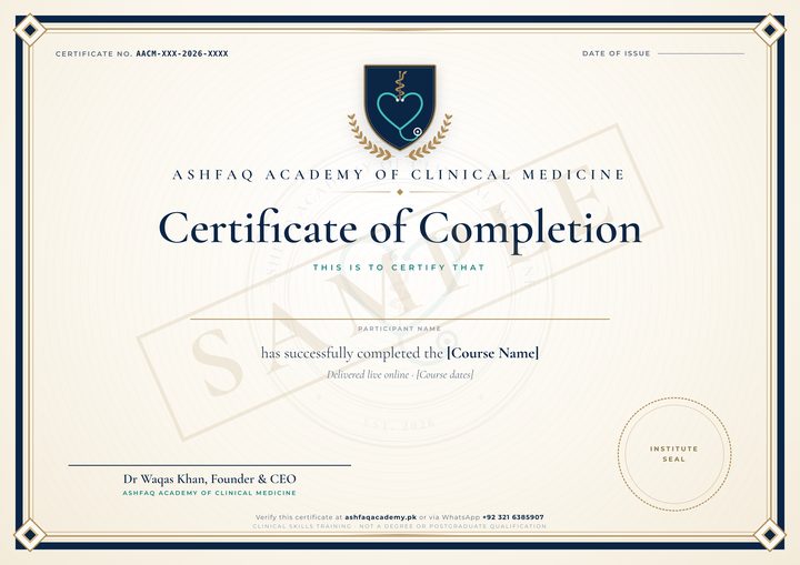 Sample certificate of completion from Ashfaq Academy of Clinical Medicine, marked SAMPLE