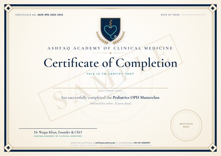Sample certificate of completion from Ashfaq Academy of Clinical Medicine, marked SAMPLE