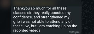 WhatsApp message from an OPD Masterclass student about boosted confidence and recorded videos